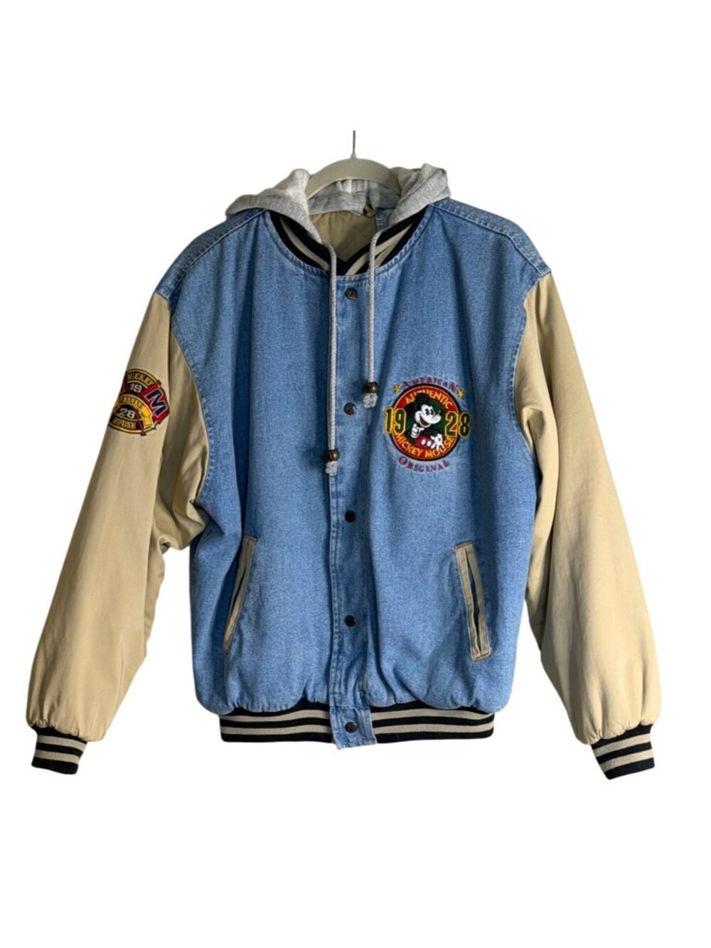 The Disney Store 1928 Authentic Mickey Mouse Denim Varsity Jacket Blue Tan Sz M